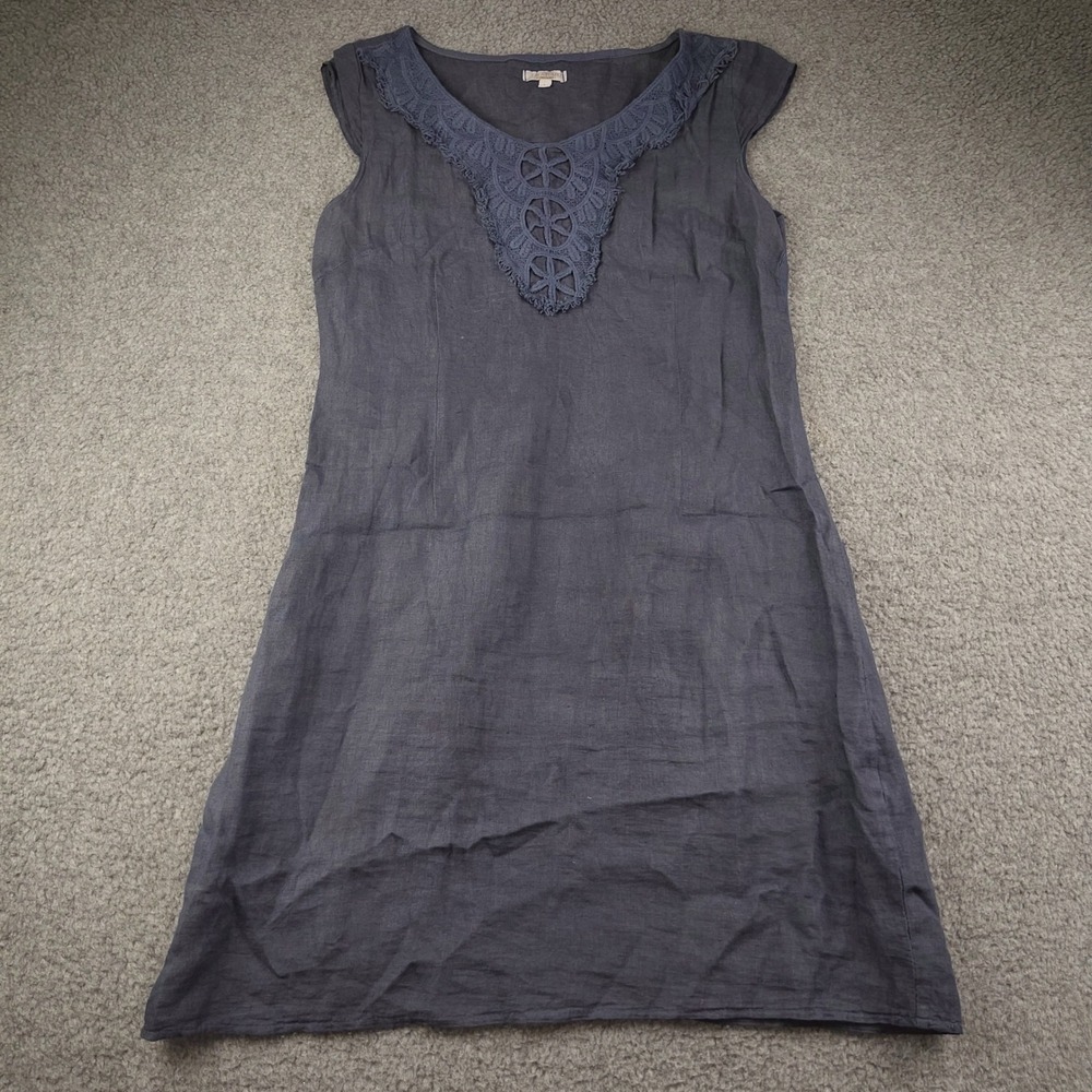 Lina Tomei Linen Dress Sz Large Crochet Lace V-Neck Sleeveless Navy Blue Stretch